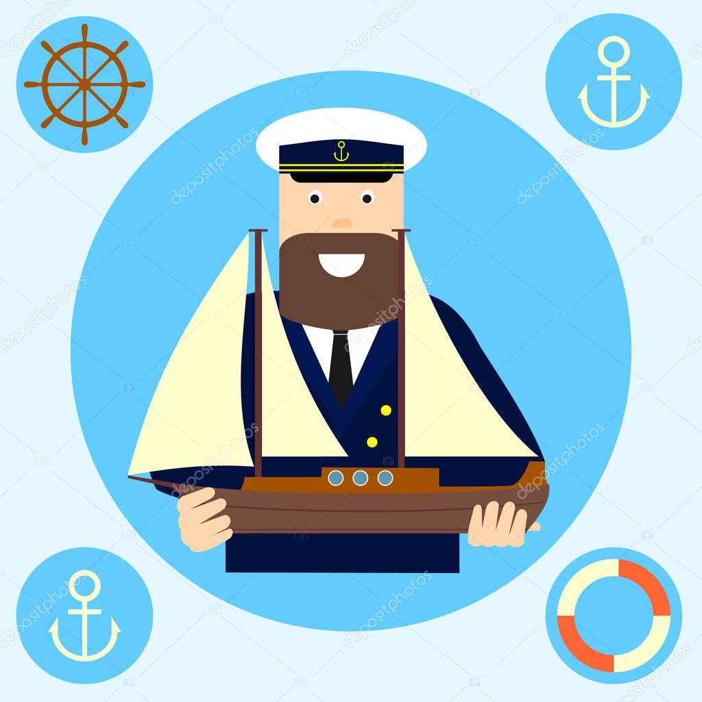 smiling captain cartoon character holding ship model and hands