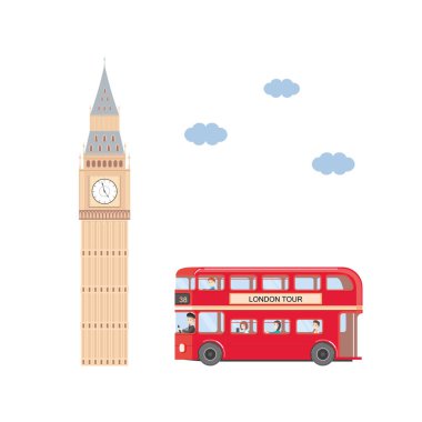Londra tema vektör çizim otobüs ve big ben ile seyahat