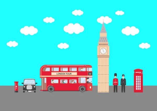Voyage Londres Illustration Vectorielle Thème Avec Bus Grand Ben Cabine — Image vectorielle
