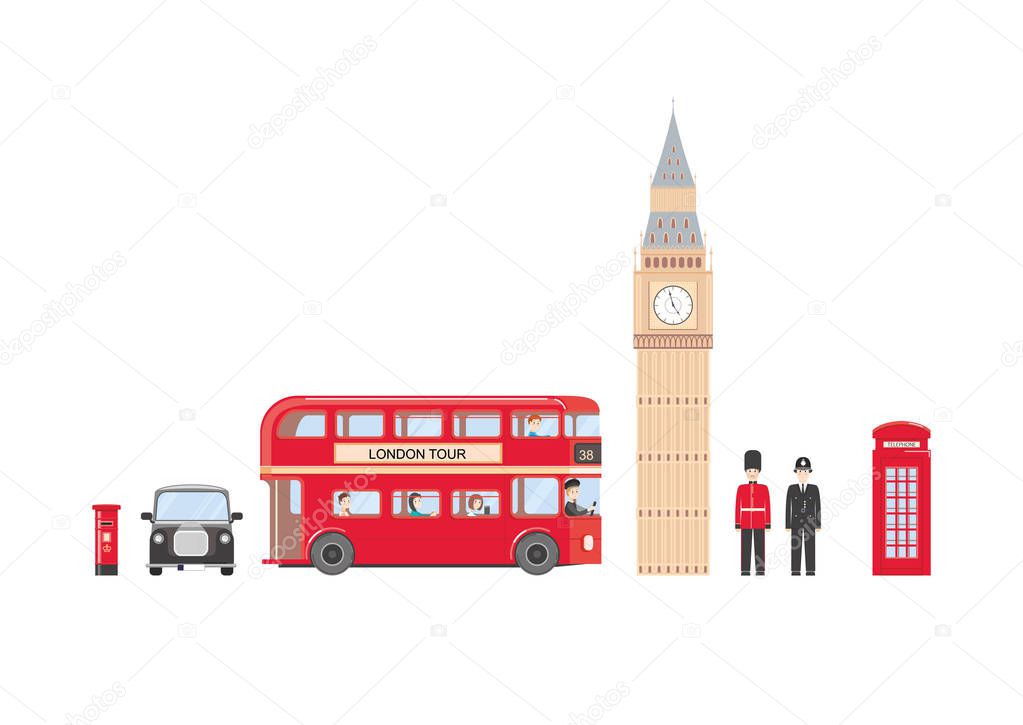 travel to london theme vector illustration with bus, big ben and phone booth on white background