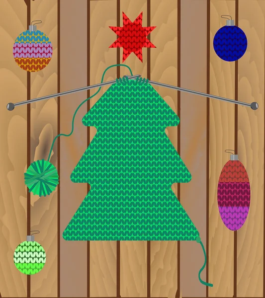 Conjunto de árbol de Navidad aislado y decoración de textura de punto sobre fondo de madera . — Vector de stock