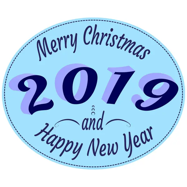 Etiquetas tipográficas en estilo retro con texto - Feliz Año Nuevo 2019 y Feliz Navidad - en colores azules. Ilustración vectorial . — Vector de stock