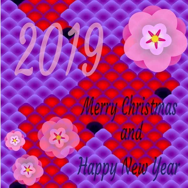 Postal festiva en estilo oriental con texto - Feliz Año Nuevo 2019 y Feliz Navidad, sobre el fondo del patrón oriental nacional, escamas de peces multicolores de la carpa Koi . — Vector de stock