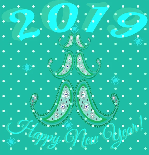 La tarjeta de Año Nuevo con la estampa del árbol de estilo del ornamento de paisley y los copos de nieve. Ilustración vectorial en tonos pastel . — Vector de stock