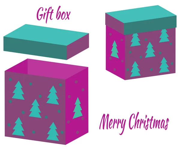 Conjunto de cajas realistas con tapa para regalos sobre fondo blanco. 3d ilustración para el diseño de Navidad y Año Nuevo. Caja abierta y cerrada en verde brillante y violeta. Ilustración vectorial . — Vector de stock