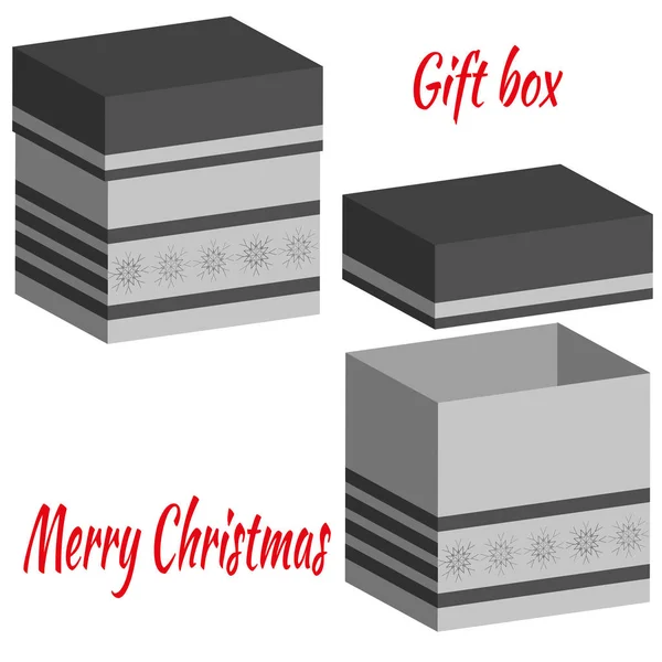 Conjunto de cajas realistas con tapa para regalos sobre fondo blanco. 3d ilustración para el diseño de Navidad y Año Nuevo. Caja abierta y cerrada en negro y gris. Ilustración vectorial . — Vector de stock