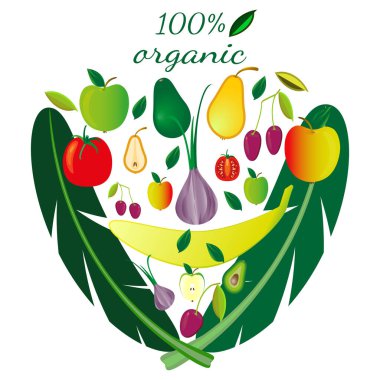 Meyve ve sebzeler, sanatsal yüz şeklinde ortaya konulan kümesi. Beyaz arka plan üzerinde ayarlayın. Pazar tasarım, logo, afiş için kullanılabilir.