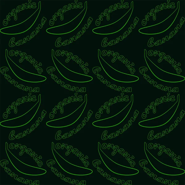 Nahtloses Muster mit Bananen und Bio-Banane. helle, kontrastreiche Kontur auf dunklem Hintergrund. Vektor-Illustration für Design-Textilien, Tapeten, Postkarten, Poster, Etiketten-Attrappen. — Stockvektor