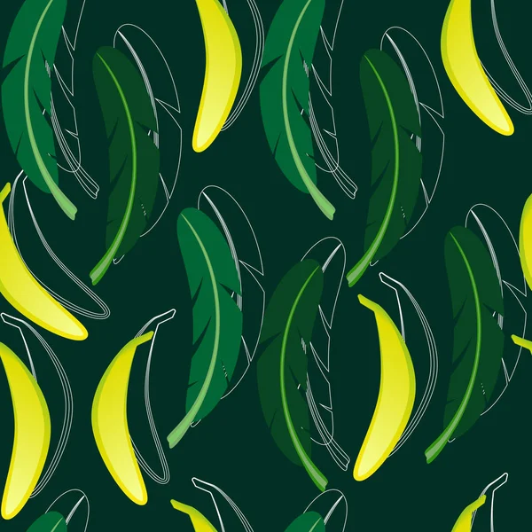 Sömlös bakgrund med banan och banan palmblad. — Stock vektor