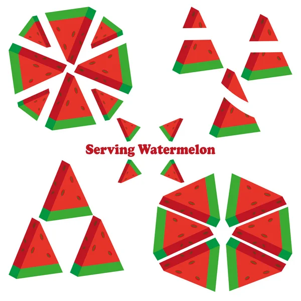 Set of different pieces of watermelon. An example of serving of watermelon. Vector illustration on white background for cafe, market design, stickers, posters, postcards. — Stock Vector