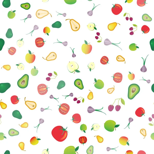 Бесшовный фон из различных свежих фруктов и овощей на белом фоне . — стоковый вектор