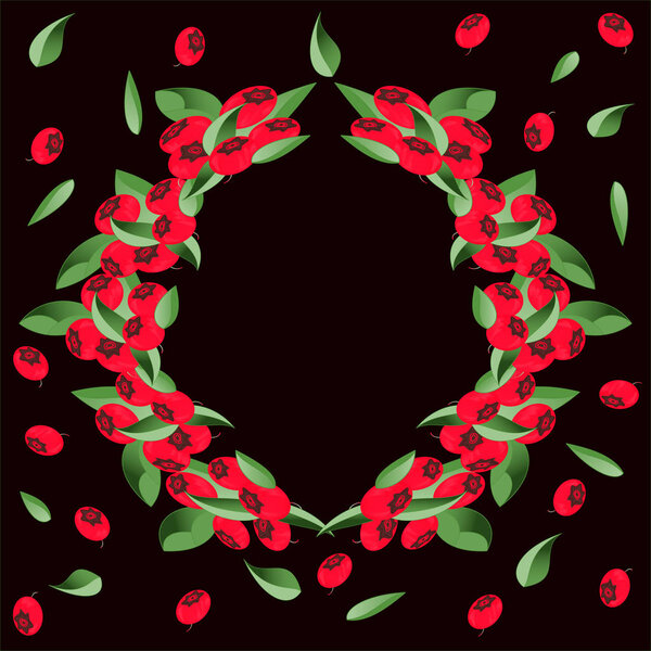 Wreath of bushes of bilberries on dark background. Vector illustration for design of packaging, stikers, flyers, postcards, posters. 