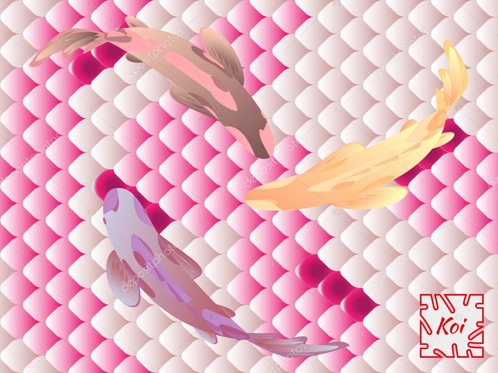 Set of Fish Carp Koi on background of national oriental pattern, multi-colored fish scales Koi. Seamless pattern in bright colors.