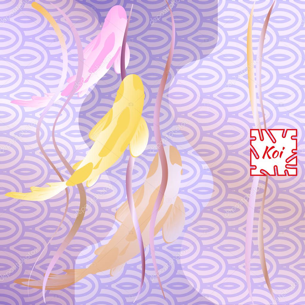 Pattern with fish, Koi carp on  traditional Japanese background. Monochrome pastel soft blue, gold, and brown. Vector illustration, Cyprinus Carpio.