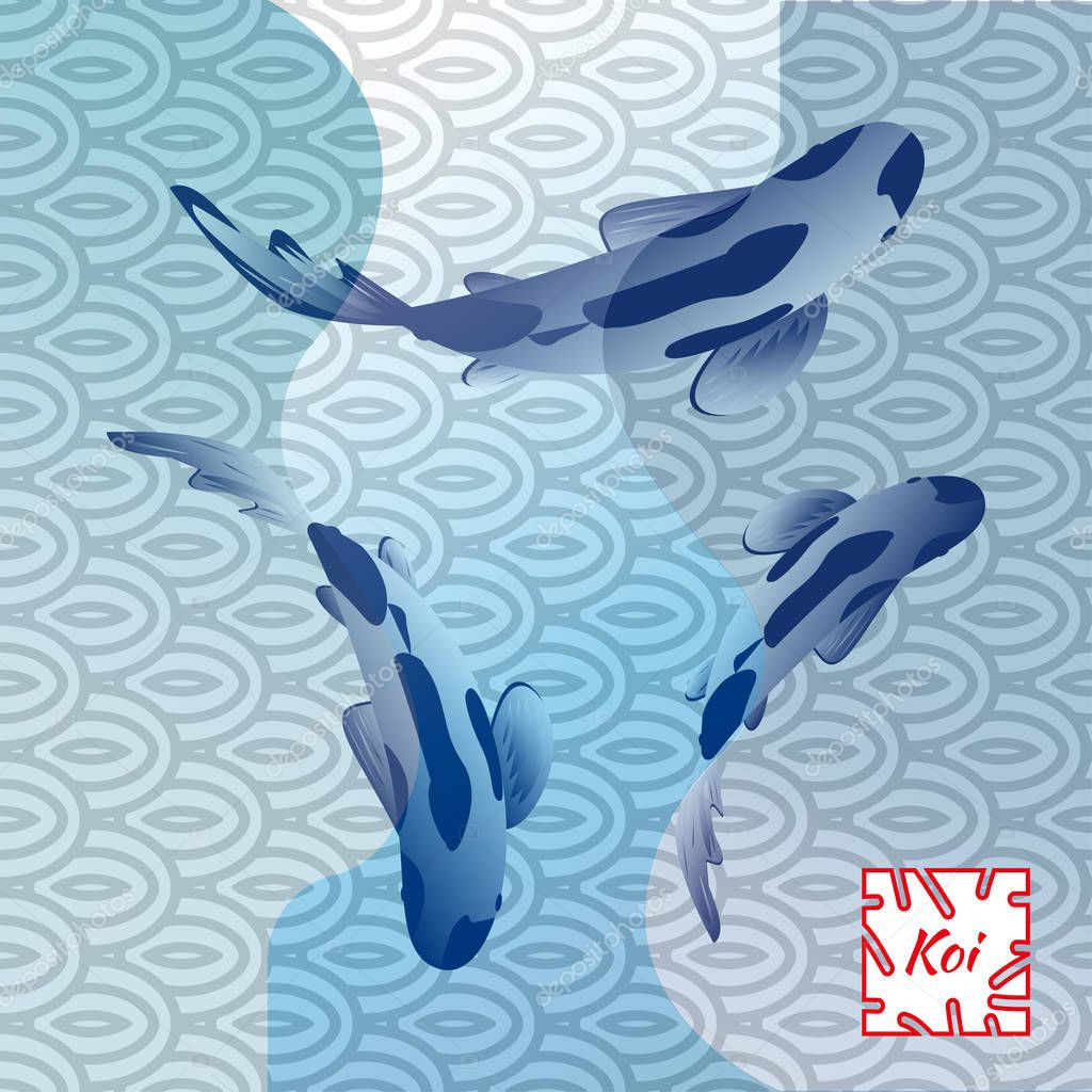 Set with fish, Koi carp on traditional Japanese background. Monochrome pastel blue color. Vector illustration, Cyprinus Carpio.