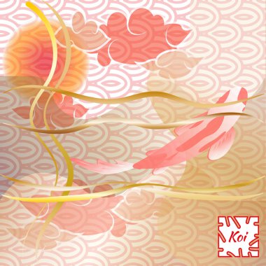 Desen balık ve günbatımı, Koi sazan geleneksel Japon arka plan üzerinde. Tek renkli pastel yumuşak kahverengi ve pembe. Vektör çizim, Cyprinus Carpio.
