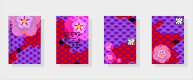 Ulusal oryantal model, çok renkli balık sazan Koi ve sakura çiçeklerin ölçekler. Kapakları için şık modern tasarım şablonları kümesi. Vektör çizim.