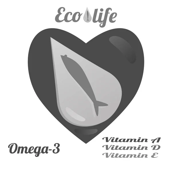生態学上から魚の油を広告用のテンプレートをきれいの海、オメガ 3、ビタミン A、D、白い背景の上の E. ベクトル図. — ストックベクタ