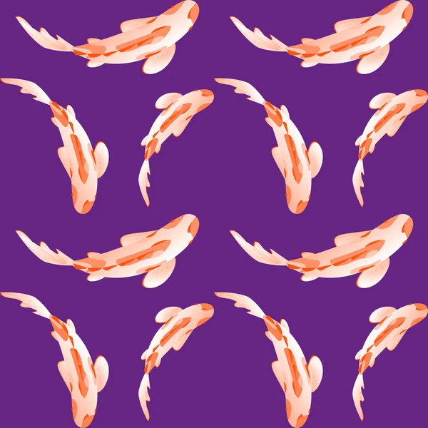 Seamless mönster med fish, karp koi i vatten. Vektorillustration, Cyprinus Carpio. Ljus violett och rosa färger. — Stock vektor
