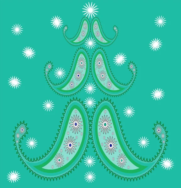 Felicitare de Crăciun fericită cu imagine de copac elegant de ornament paisley și fulgi de zăpadă. Ilustrație vectorială în culori albastre strălucitoare. Poate fi folosit pentru proiectarea de carduri de vacanță, postere, textile . — Vector de stoc