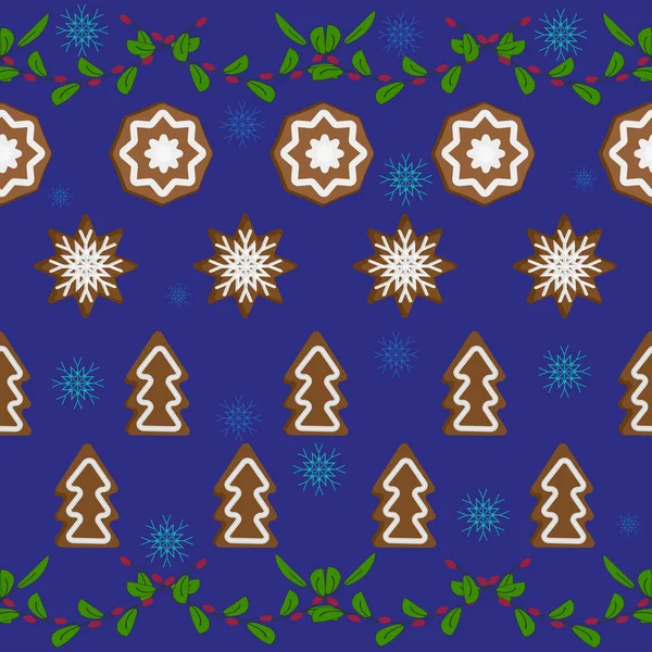 Fondo brillante horizontal con decoraciones navideñas de naranjas secas, pan de jengibre y galletas. Para tarjetas de felicitación de temporada, carteles, publicidad, papel de regalo . — Vector de stock