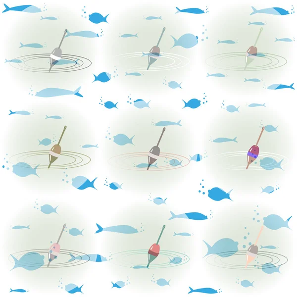 Dessin vectoriel de flotteur de pêche avec de grands et petits poissons de dessin animé dans la mer. Illustration multicolore sur fond bleu doux. Peut être utilisé dans les cartes postales, affiches, textiles, logo pour club de pêche . — Image vectorielle