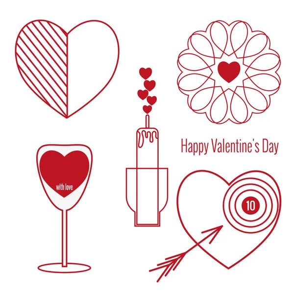 Σύνολο από εικόνες ημέρα του Αγίου Βαλεντίνου. Ποτήρι κόκκινου κρασιού, κεριά, λουλούδια, καρδιά. Στοιχεία για τις διακοπές της 14ης Φεβρουαρίου για το σχεδιασμό της κάρτες, αφίσες, ιστοσελίδες, φυλλάδια, συσκευασίες. — Διανυσματικό Αρχείο
