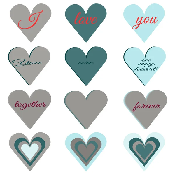 Set of hearts of different pastel colors and shapes. Text I love you, together forever, you are in my heart. For the design of postcards, textiles, dishes to day of St. Valentine. — Stock Vector