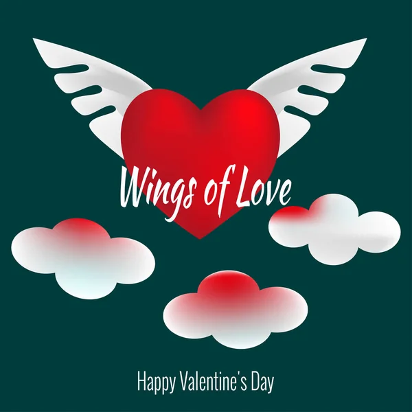 사랑의 날개입니다. 발렌타인 데이 아이콘의 집합입니다. 하늘에 구름에 두 날개를 가진 큰 빨간 심 혼. 2 월 14 일 카드, 포스터, 전단지, 웹사이트의 디자인에 대 한의 요소. — 스톡 벡터