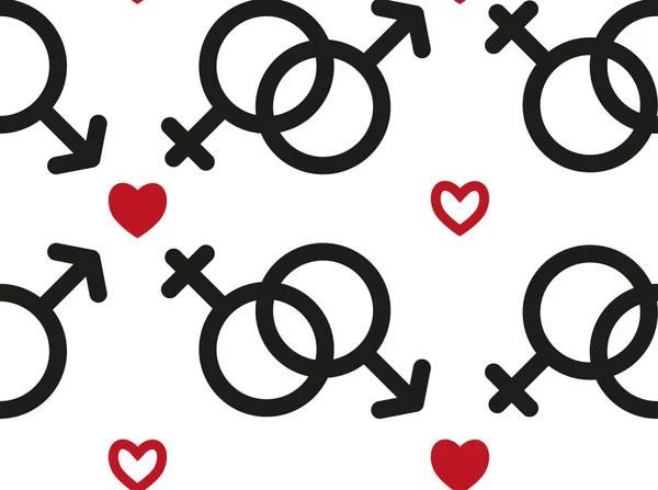 Seamless pattern with male and female sex icons. Elements for Valentine's Day with symbols of heart, chains with symbols. Vector illustration in  linear style on white background. — Stock Vector