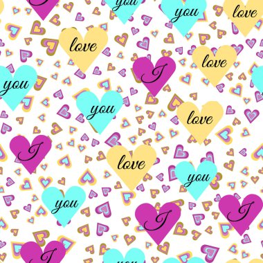 Seamless modeli küçük kalpler ve beyaz arka plan, metin seni seviyorum büyük hacimli kalpler. Kartpostallar, tekstil, Sevgililer günü, düğün, Doğum günü için yemekler tasarımı için.