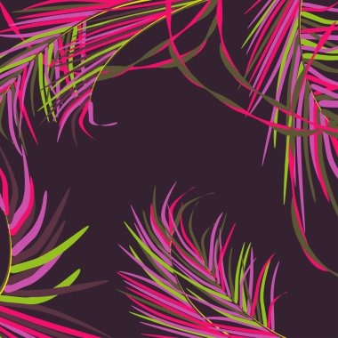 Vektör arka plan dekoratif palm ile tropik bölgelerde gece gökyüzünün koyu arka plan üzerinde bırakır. Parlak trendy neon renkler. Arka plan tasarım davetiye, posterler, kartları, Hatıra Eşyası için.