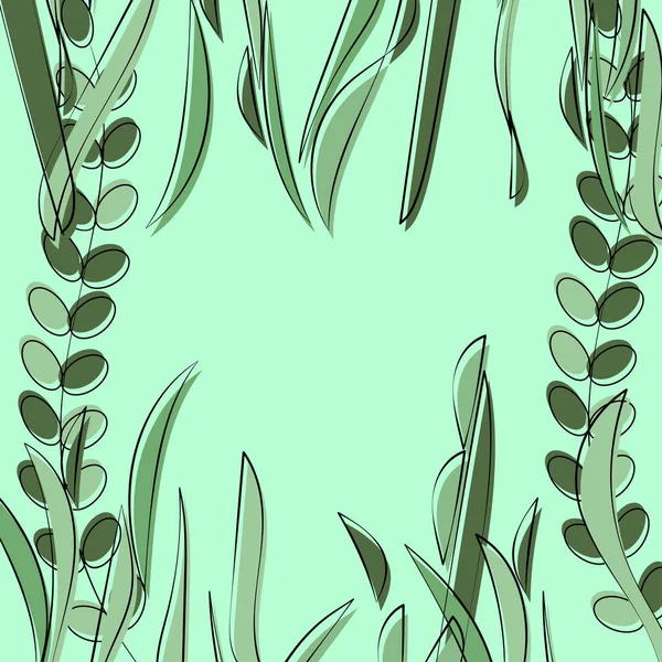 Modello estivo in forma di cornice di fogliame, erba e ombra. Verdi naturali leggeri. Disegno vettoriale per sfondi estivi e imballaggi . — Vettoriale Stock