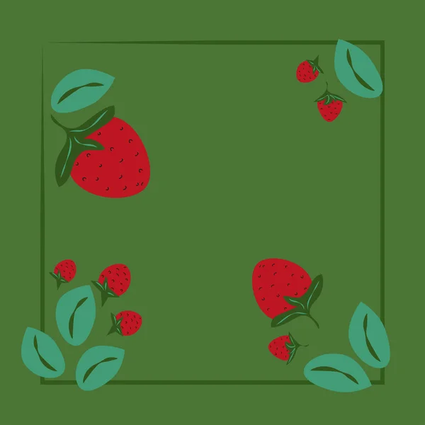 Square pattern with strawberries and leaves on green bright background. Red strawberries and green leaves. Vector illustration for textile, packaging, poster design. — Stock Vector