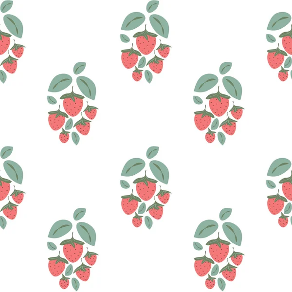 Seamless pattern with strawberry bushes in cartoon style on white background. Red strawberries and green leaves. Vector illustration for textile, packaging, poster design. — Stock Vector