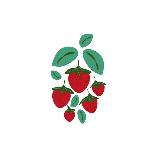 Strawberry bush in cartoon style on a white background. Red strawberries and green leaves. Vector illustration for textile, packaging, poster design. — Stock Vector
