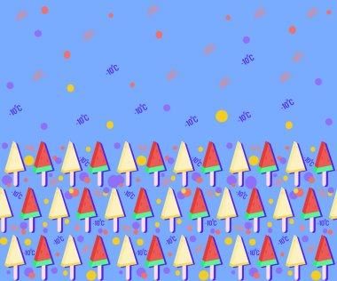 Karpuz ve kavun desenli meyveli dondurma. Yaz süs arka plan için sopa üzerinde dondurma. Konfor için soğuk ve sıcak sıcaklıklar. Ambalaj tasarımı, reklam için yatay arka plan