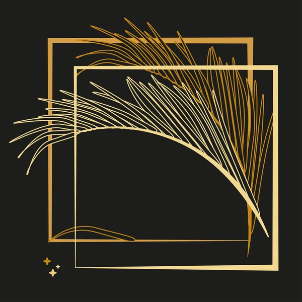 Folhas de palma e quadro luxuoso na cor dourada. Ilustração de flores tropicais sobre fundo preto. Ilustração vetorial para logotipo, convite, design de lembrança . — Fotos gratuitas