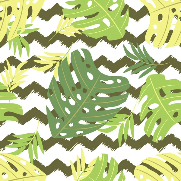 Tropik Monstera parte em tons verdes naturais. Ilustração sem emenda vetorial, ziguezague linhas de fundo é desenhado à mão fundo da escova. Padrão de verão, mundo vegetal, floresta jugli, plano exótico tropical — Vetor de Stock