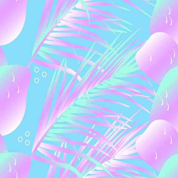 Uppsättning av löv av tropiska växter och frukter i trendiga neonfärger. Sömlös mönster palmträd, mango och kokos. Vektor illustration. — Stock vektor
