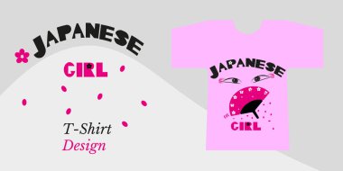 Güzel gözler, Japon fan, sakura çiçek ve yaprakları, Alıntı - Japon kız. Siyah, neon pembe ve beyaz renk ile çizim. Yumuşak pembe arka plan üzerinde tasarım logosu ile T-shirt. Mockup, vektör çizimi.