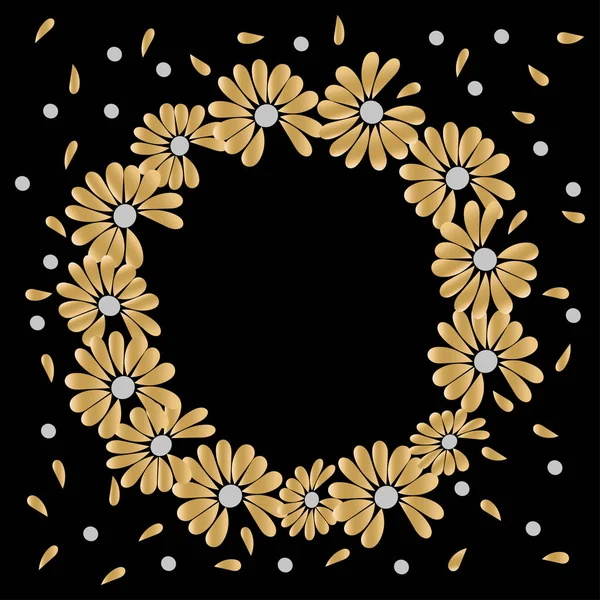 Marco redondo dorado para un diseño de decoración romántico. Corona redonda de flores de margarita. Dibujo vectorial en colores de moda, fondo negro . — Vector de stock