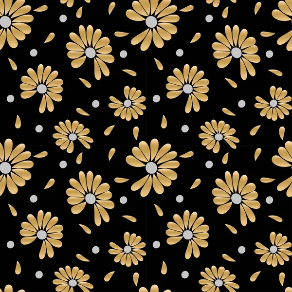 Sommarens gyllene sömlösa mönster. Kamomill blommor för spådomar, kärlek eller inte kärlek. Vektorritning i moderiktiga färger, svart bakgrund. — Gratis stockfoto