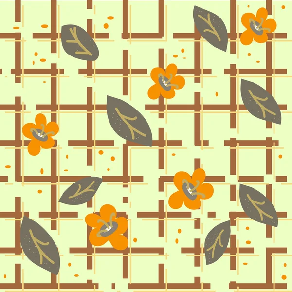 Naadloze herfst achtergrond in trendy platte stijl. Bloemen en Herfstbladeren op de achtergrond van de cellen. Vector afbeelding in gele en bruine kleur voor school notebooks, posters, briefpapier. — Stockvector