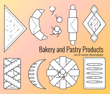 Ana hatlarıyla fırın ve hamur işi ürünleri. Kruvasan, simit, poğaça, rulo taze böğürtlen ve reçelli poğaça. Fırınlar, kafe, menü için vektör illüstrasyonu.