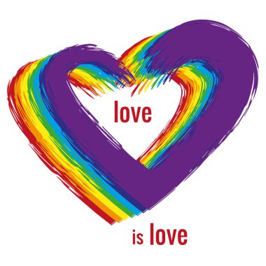 Kalp şekli beyaz arka plan üzerinde gökkuşağı renkli suluboya fırça ile boyanmıştır. Metin - aşk aşktır. LGBT gurur sembolü. Vektör çizimi.