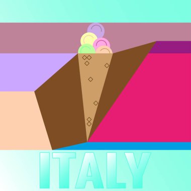 İtalya'yı ziyaret edin. Dekoratif arka planda en lezzetli dondurma. Meyve buz ile koni waffle. İtalya için kart, davetiye, hediyelik eşya, afiş, seyahat kartları tasarımı için vektör şablonu.