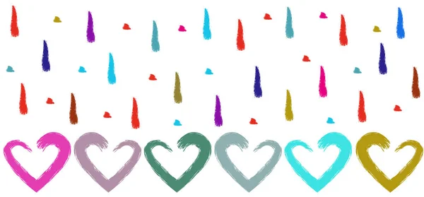 Cadeia horizontal de corações multicoloridos de pincéis aquarela e gotas multicoloridas verticais de tinta sobre fundo branco. Desenho vetorial em estilo escandinavo . — Vetor de Stock