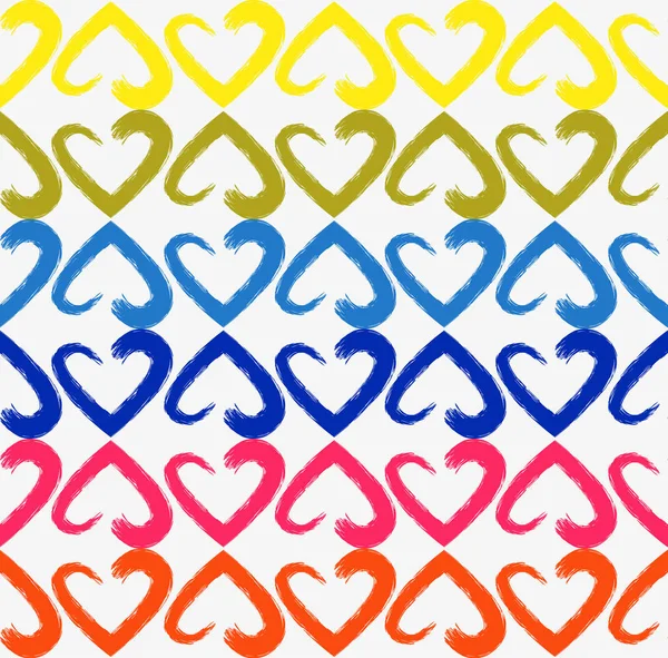 Seamless pattern of chains of multicolored hearts from watercolor brush on white background. Chains of hearts are arranged horizontally. Vector drawing in Scandinavian style. — Stock Vector