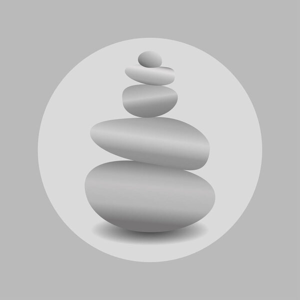 Zen stone balance, realistic image in round frame in black and white colors. 3D image of stones. Vector illustration for spa salons, yoga studios, relaxation studios.
